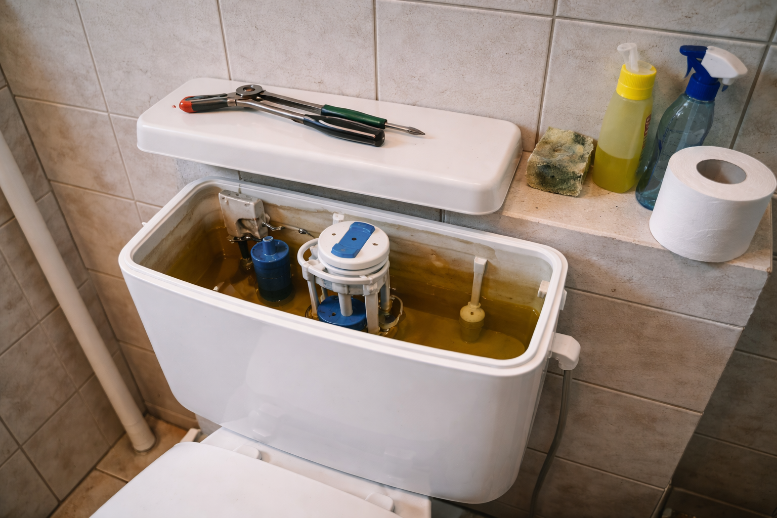 Aufputz-Spülkasten an der Wand in ruhiger, ordentlicher Umgebung.