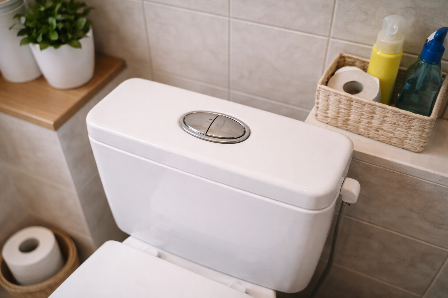 Toilette mit Zwei-Mengen-Spülung in ruhiger, ordentlicher Umgebung.