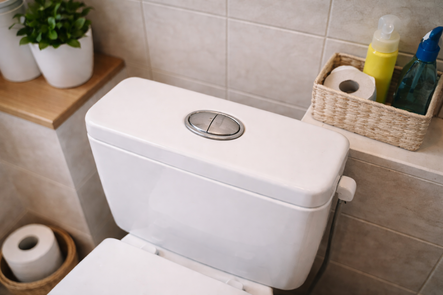 Toilette mit Zwei-Mengen-Spülung in ruhiger, ordentlicher Umgebung.