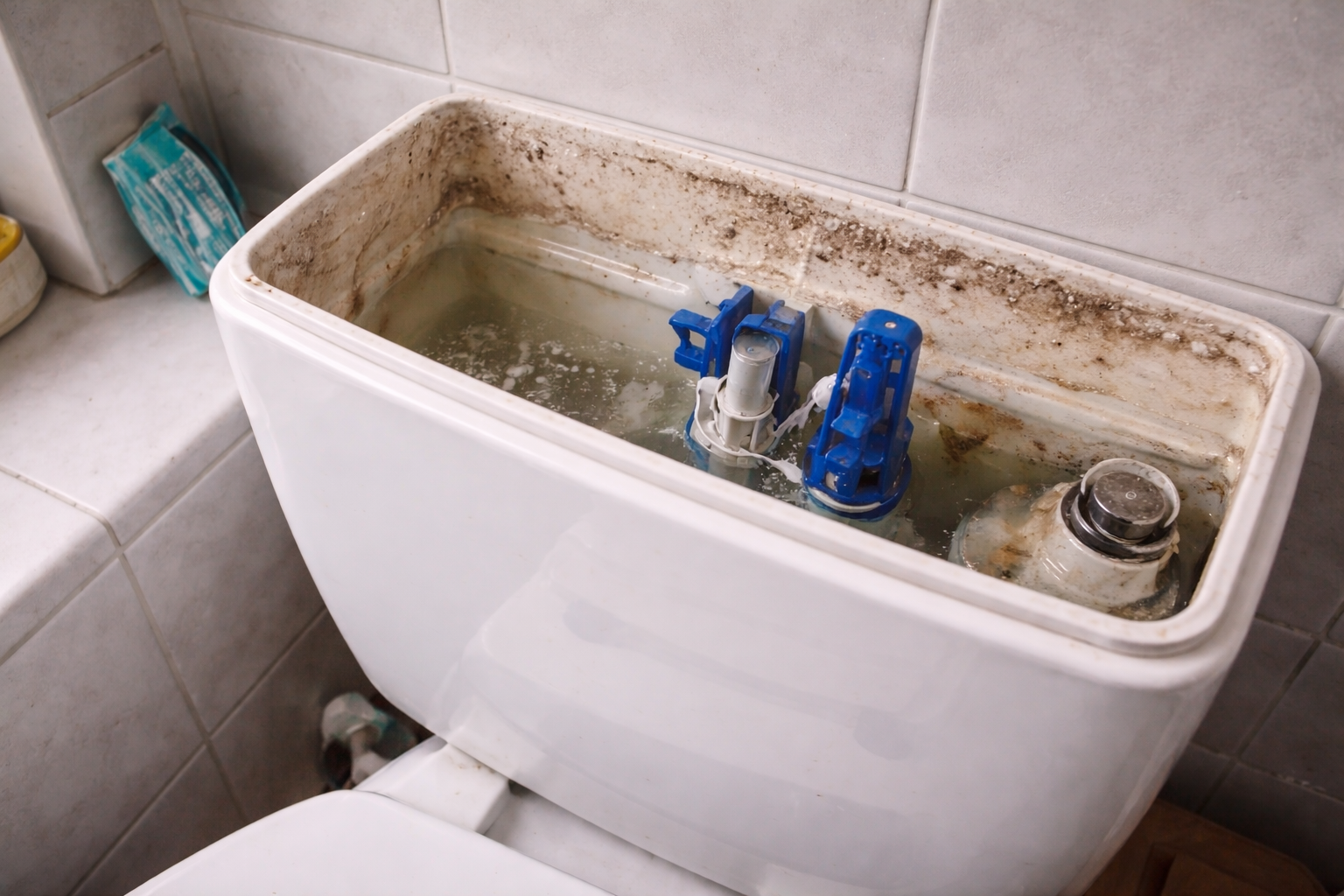 Spülkasten mit leichten Kalkablagerungen in ruhiger Umgebung.