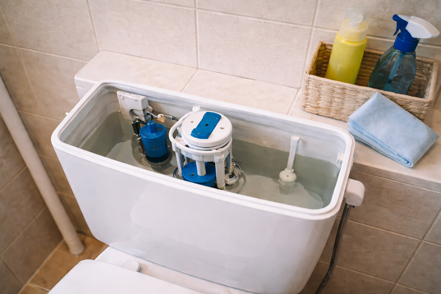 Spülkasten nach dem Entkalken in ruhiger, ordentlicher Umgebung.