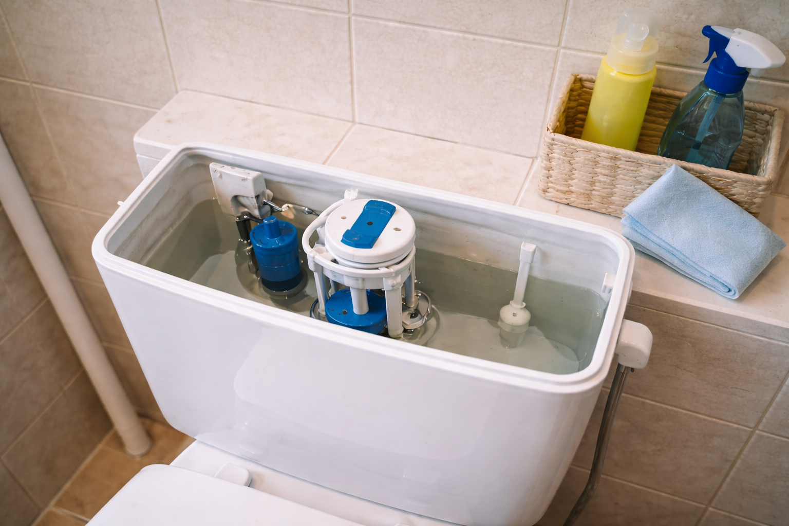 Spülkasten einer Toilette nach der Reinigung in ruhiger Umgebung.