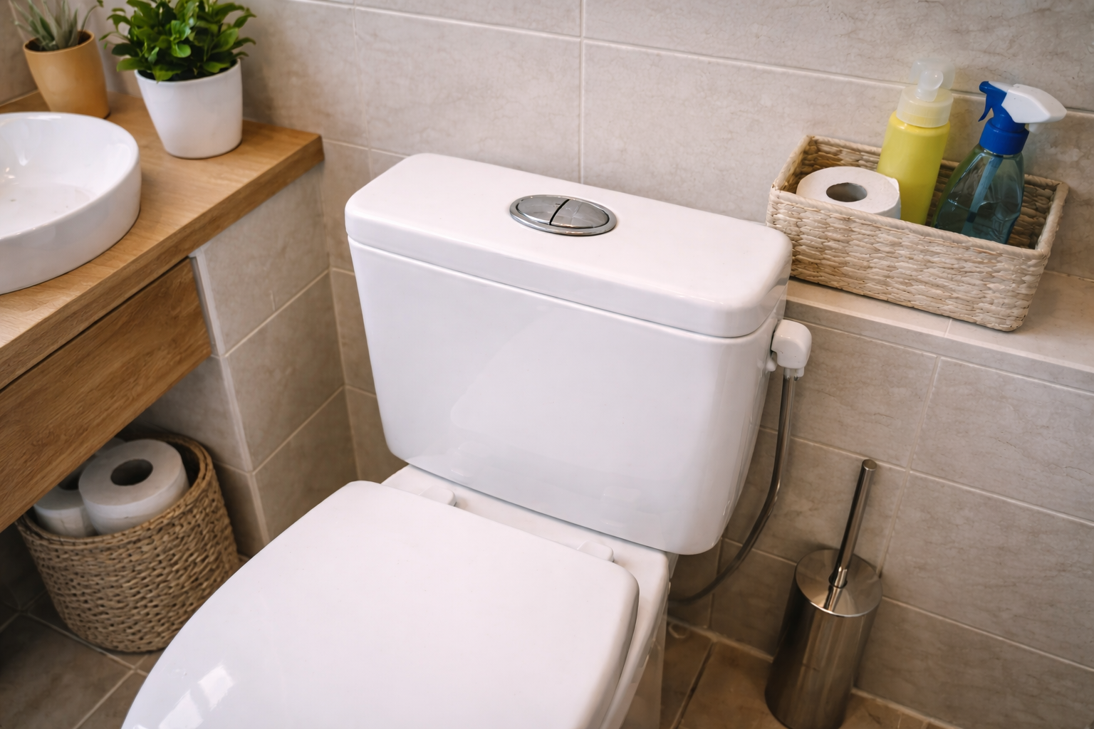 Toilette im Bad nach Renovierungsarbeiten in ruhiger Umgebung.