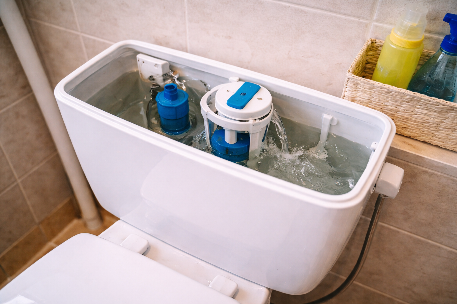 Spülkasten einer Toilette in ruhiger, ordentlicher Umgebung.