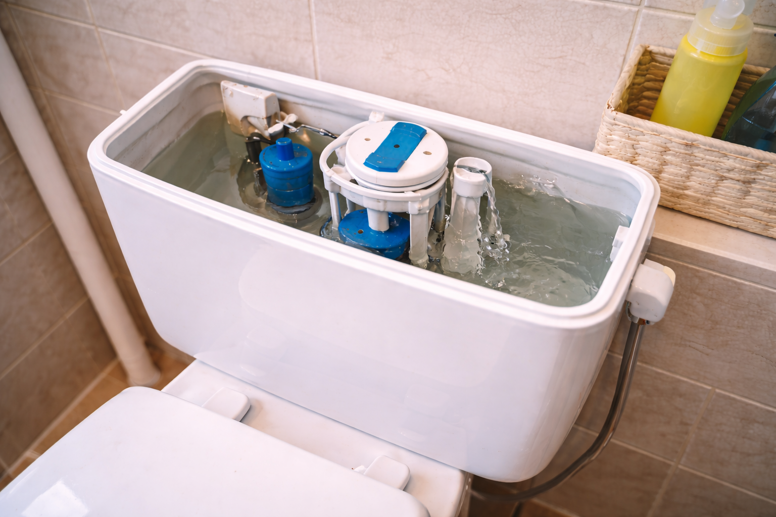 Spülkasten mit hohem Wasserstand und sichtbarem Überlauf in ruhiger Umgebung.