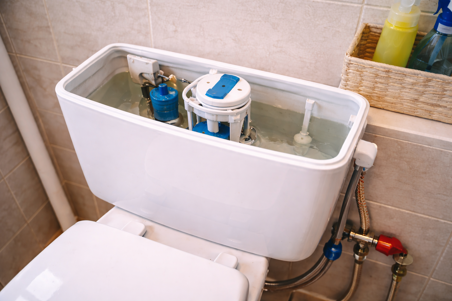 Spülkasten einer Toilette mit sichtbarer Installation in ruhiger Umgebung.