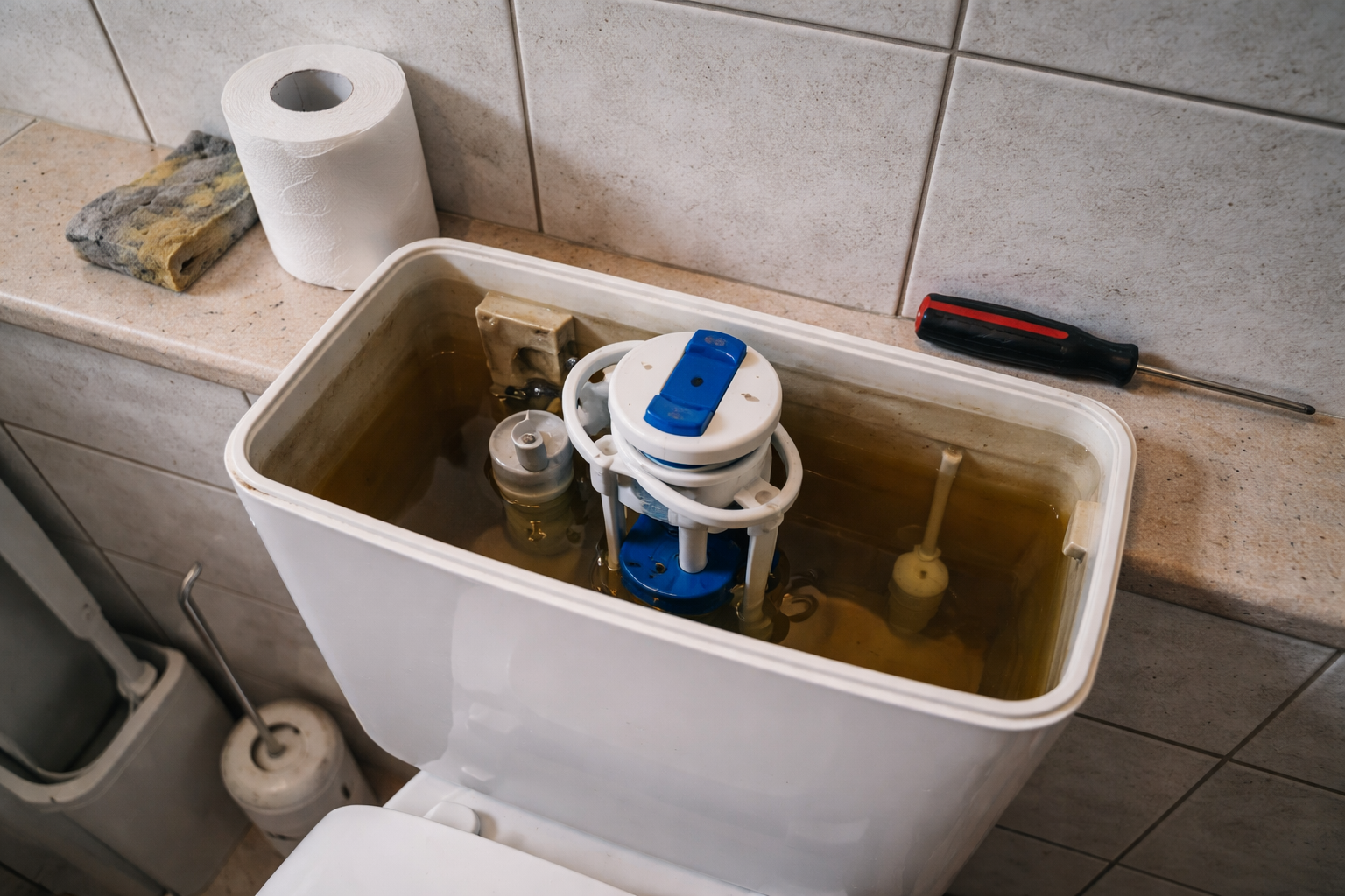 Spültaste einer Toilette in ruhiger, ordentlicher Umgebung.