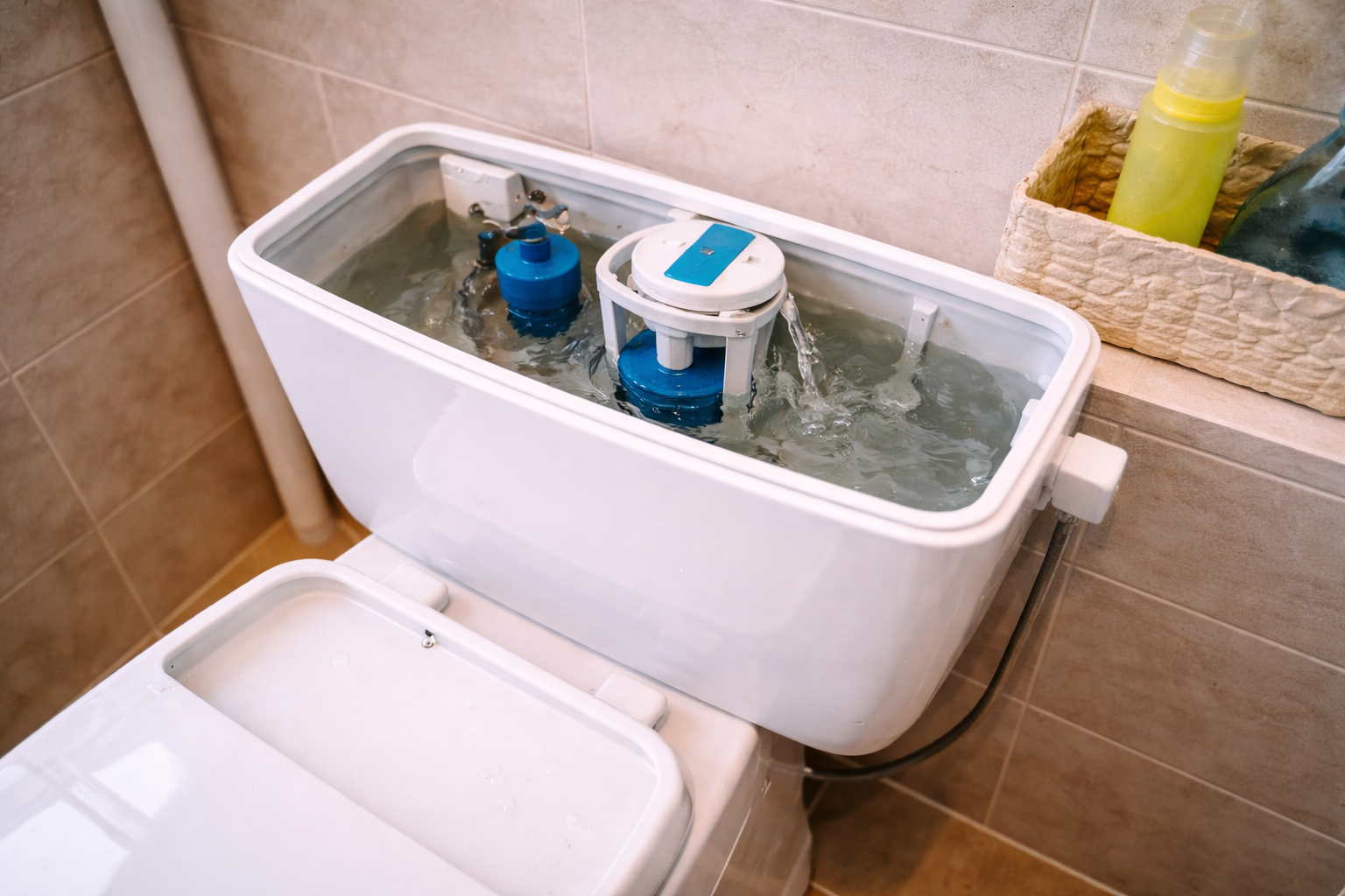 Spülkasten einer Toilette in ruhiger, ordentlicher Umgebung.