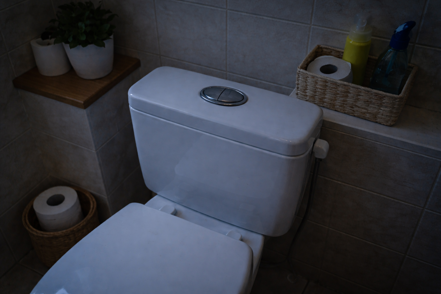 Toilette im Bad bei ruhiger nächtlicher Umgebung.