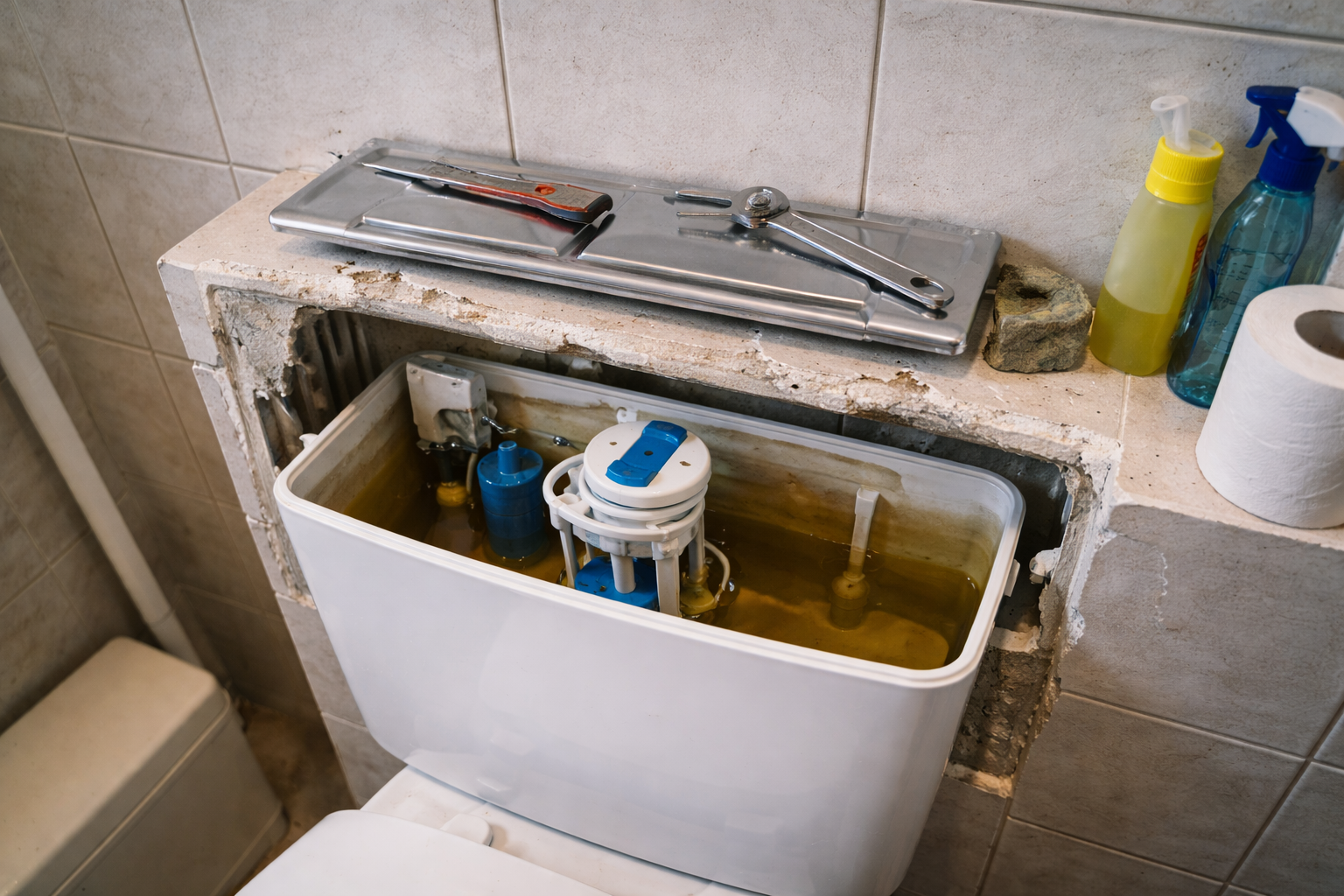 Unterputz-Spülkasten hinter der Wand in ruhiger, ordentlicher Umgebung.